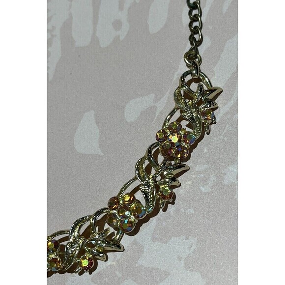 Vintage Aurora Borealis FLOWER LEAF DESIGN CHOKER NECKLACE 16in Mermaid Fairy - Picture 4 of 10
